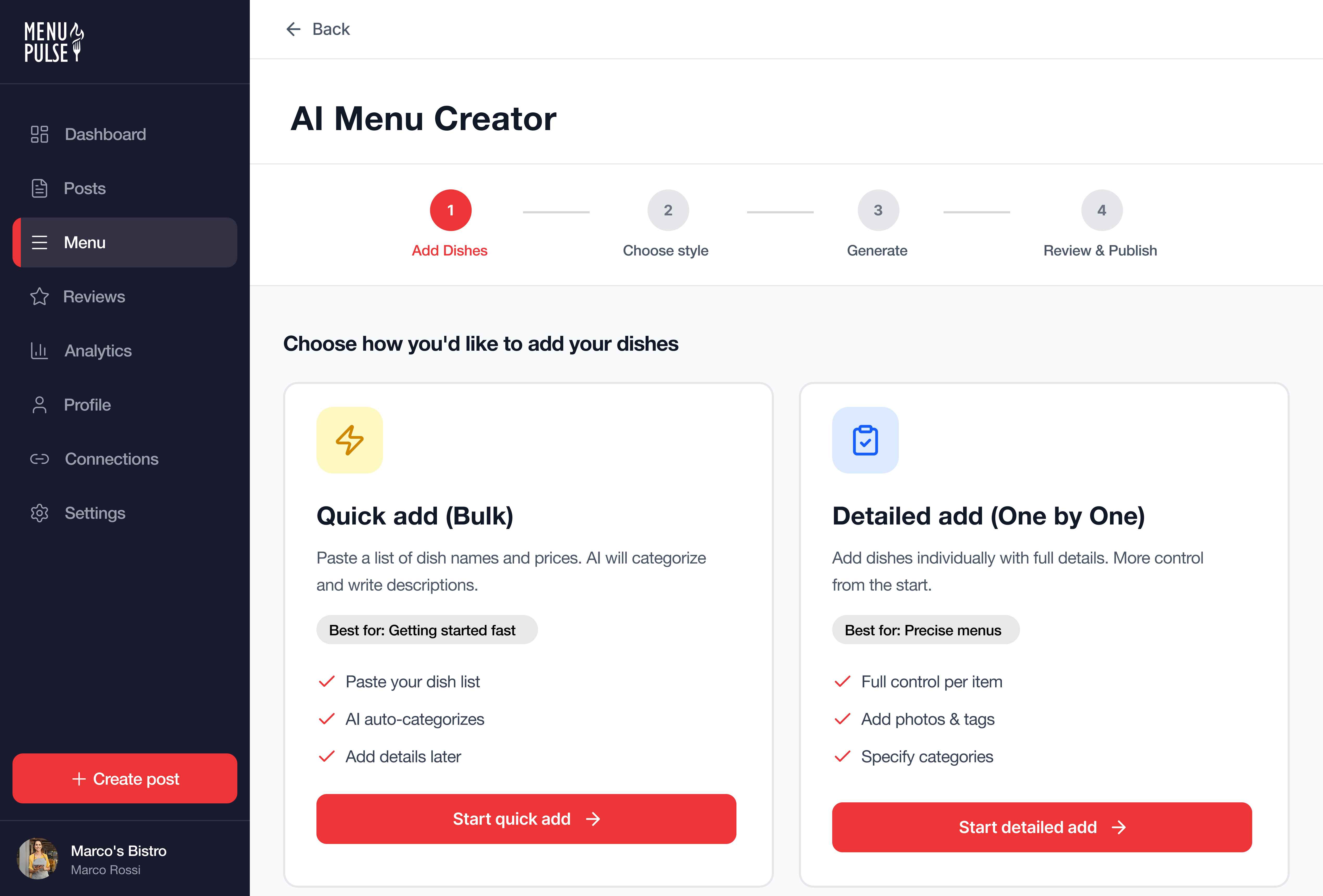 AI Menu Creator: mode selection